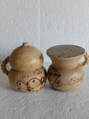 Vintage Wooden Salt And Pepper Shakers Handcrafted Wood Burned With Rope Handles